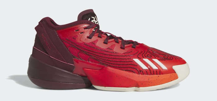 Side view of Donovan Mitchell's red and black adidas shoe.